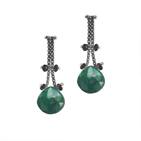 Blackened Sterling Silver Chain Earrings with Emeralds and Black Spinel