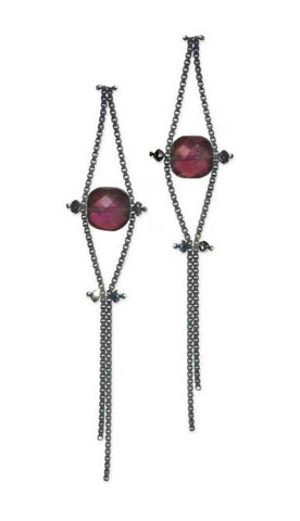 Blackened Sterling Silver Chain Earrings with Black Diamonds and Garnet