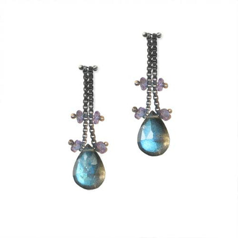 Blackened Sterling Silver Chain Earrings with Labradorite and Tanzanite