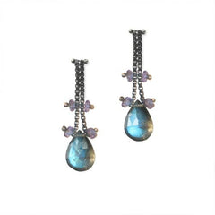 Blackened Sterling Silver Chain Earrings with Labradorite and Tanzanite