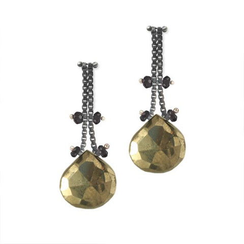 Blackened Sterling Silver Chain Earrings with Pyrite and Black Spinel