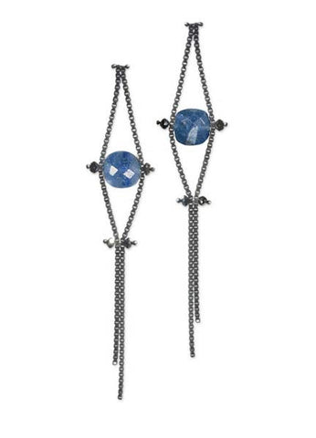 Blackened Sterling Silver Chain Earrings with Black Diamonds and Blue Quartz