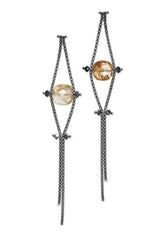 Box Chain Earrings with Black Diamonds and Rutilated Quartz