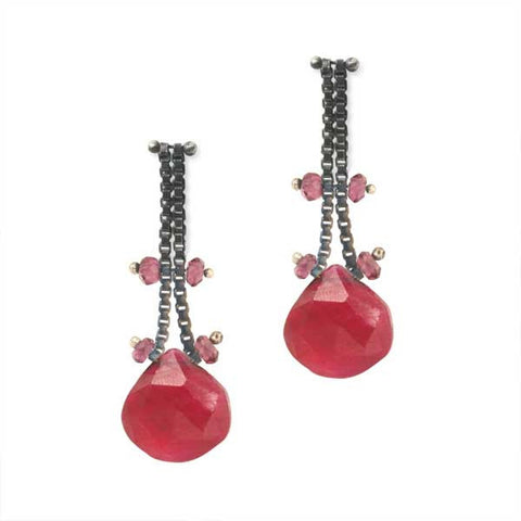 Blackened Sterling Silver Chain Earrings with Ruby and Pink Spinel