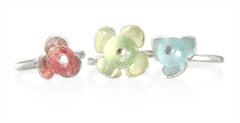 Set of Pink Tourmaline, Prehnite, and Aquamarine Stackable Flower Rings in Silver